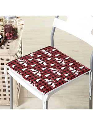 Rem Home Remhome Kırmızı Ekose Desenli Geyik Motifli Dijital Baskılı Modern Fermuarlı Sandalye Minderi
