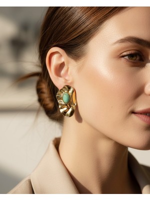 Lyra Wave Turkuaz Taşlı Dalgalı Gold Küpe
