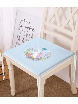 Rem Home Remhome Mavi Zeminde Unicorn At Desenli Modern Fermuarlı Sandalye Minderi