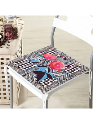 Rem Home Remhome Ekose Zeminde Kırmızı Çiçekler Dijital Baskılı Modern Fermuarlı Sandalye Minderi