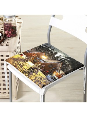 Rem Home Remhome Karlı Ev Manzarası Dijital Baskılı Dekoratif Modern Fermuarlı Sandalye Minderi
