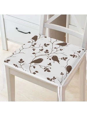 Rem Home Remhome Krem Zeminde Kahverengi Dal ve Kuş Desenli Dijital Baskılı Modern Fermuarlı Sandalye Minderi
