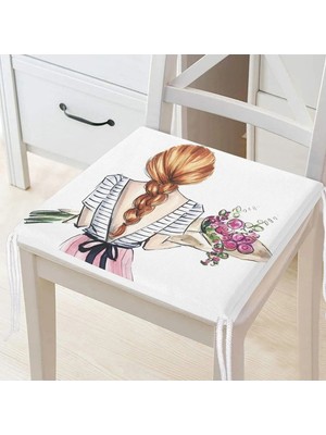 Rem Home Remhome Çiçekli Kız Çizimli Modern Fermuarlı Sandalye Minderi