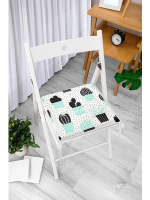 Rem Home Remhome Beyaz Zeminde Siyah Puantiyeli Kaktüs Desenli Dijital Baskılı Modern Fermuarlı Sandalye Minderi