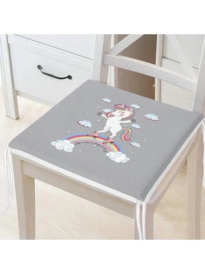 Rem Home Remhome Gri Zeminde Unicorn At Desenli Modern Fermuarlı Sandalye Minderi