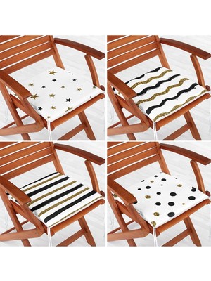 Rem Home Remhome 4'lü Beyaz Zemin Üzerinde Gold Detaylı Geometrik Desenli Modern Fermuarlı Sandalye Minderi Seti