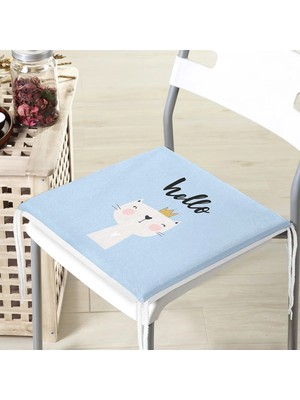 Rem Home Remhome Mavi Zeminde Hello Kedicik Özel Tasarımlı Modern Fermuarlı Sandalye Minderi