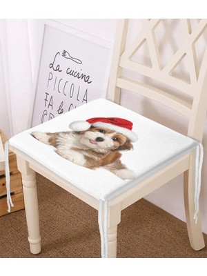 Rem Home Remhome Yılbaşı Şapkalı Köpek Desenli Dijital Baskılı Modern Fermuarlı Sandalye Minderi