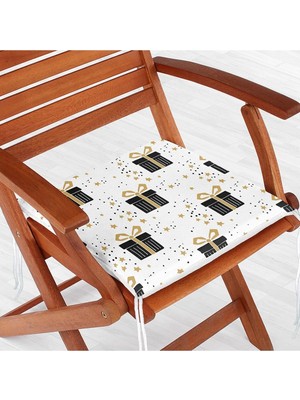 Rem Home Remhome Beyaz Zeminde Gold Detaylı Hediye Paketi Desenli Dijital Baskılı Modern Fermuarlı Sandalye Minderi