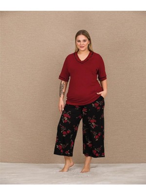 Yare Bordo Çiçekli Kapri Büyük Beden Pijama