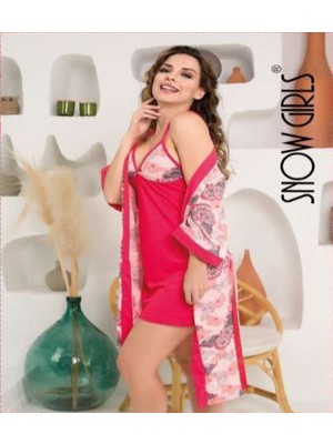My Dora Lingerie Snow Girls Kadın Canlı Renk Desenli Ikili Gecelik Sabahlık Seti