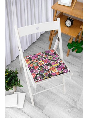Rem Home Remhome Siyah Zeminde Love Özel Tasarımlı Dijital Baskılı Modern Fermuarlı Sandalye Minderi