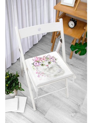 Rem Home Remhome Çiçekli Kedi Motifli Dijital Baskılı Modern Fermuarlı Sandalye Minderi