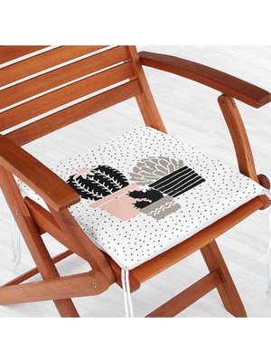 Rem Home Remhome Beyaz Zeminde Siyah Puantiyeli Kaktüs Desenli Dijital Baskılı Modern Fermuarlı Sandalye Minderi