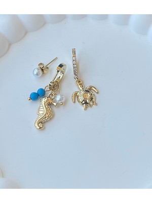 Stainless Steel Deniz Temalı Çelik 3'lü Küpe Seti - Seahorse ve Kaplumbağa Figürlü Gold Kadın Küpe