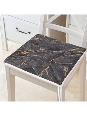 Rem Home Remhome Siyah Zemin Üzerinde Gold Detaylı Mermer Desenli Dijital Baskılı Modern Fermuarlı Sandalye Minderi