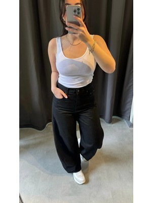 Oversized Orta Bel Siyah Jean