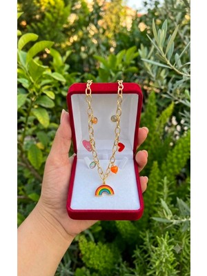 Stainless Steel Çelik Renkli Gökkuşağı ve Sevimli Kalp Charm Detaylı Çocuk Kolyesi Hediye