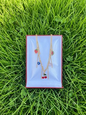 Stainless Steel Yazlık Renkli Meyve Desenli Çocuk Çelik Kolye - Strawberry & Cherry Charm