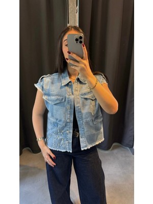 Taş ve Apoletli Denim Yelek Açık Mavi