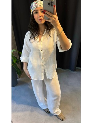 Müslin Kumaş Gömlek ve Pantolon Beyaz Takım
