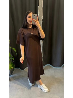 Kahverengi Midi T-Shirt Elbise