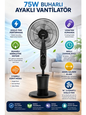 Merwish Ayaklı Vantilatör 75W Buharlı 16 Inç 5 Kanatlı Uzaktan Kumandalı 2.8l Su Hazneli 3 Modlu Zaman Ayarlı Sessiz Fan ACFN01