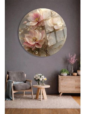 Taulart Soft Renklerde Vintage Gold Detaylı Pembe Beyaz Çiçek Tasarımlı Şık Yuvarlak Cam Tablo