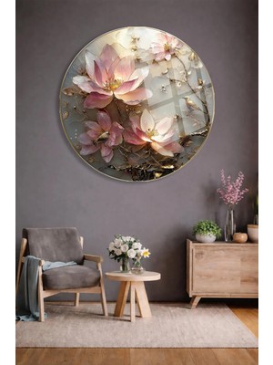 Taulart Soft Renklerde Vintage Pembe Çiçek Tasarımlı Şık Yuvarlak Cam Tablo