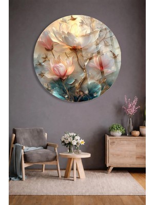 Taulart Soft Renklerde Vintage Gold Detaylı Pembe Beyaz Çiçek Tasarımlı Şık Yuvarlak Cam Tablo