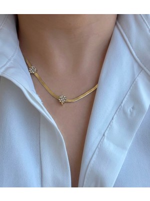 Stainless Steel Zarafet Müzesi Kadın Gold Çelik Italyan Ezme Zincirli Taşlı Üçlü Yonca Kolye
