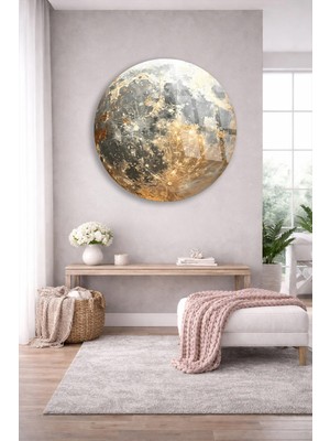 Taulart Gold Detaylı Modern Ay Tasarımlı Şık Yuvarlak Cam Tablo