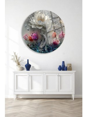 Taulart Soft Renklerde Vintage Mavi Gri  Beyaz Çiçek Tasarımlı Şık Yuvarlak Cam Tablo