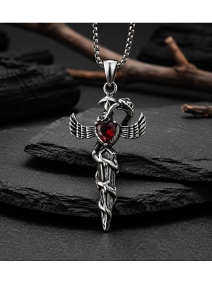 Voyage Accessory Paslanmaz Çelik Kırmızı Zirkon Taşlı Yılan Kanat Detaylı Gotik Kadın Kolye