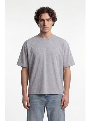 Machinist Erkek Basic Pamuklu Crop Oversize Tişört Gri Melanj