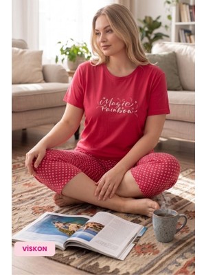 Guava Homewear Kadın Büyük Beden Narçiçeği Düğmesiz Bisiklet Yaka Viskon Kısa Kol Kapri Pijama Takımı(Basen Kapatır Tunik Boy Kapri)