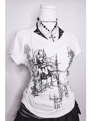 İsra Ayyıldız Moonstar Collection Beyaz Anime Sword Tribal Gotik Ek Askılı Y2K Kısa Kollu Crop