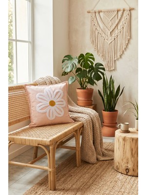 Borboleta Home Pudra Papatya Nakışlı Dekoratif Kırlent Kılıfı, Kabartmalı Çiçek Desenli Modern Koltuk Yastığı 50X50 cm