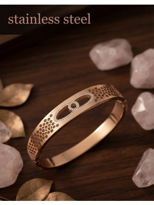 Stainless Steel Çelik Gold Renk Zirkon Taşlı Kelepçe Bilezik