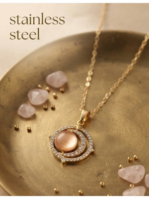 Stainless Steel Çelik Gold Renk Zirkon Taşlı Turuncu Sedefli Hilal Model Kolye