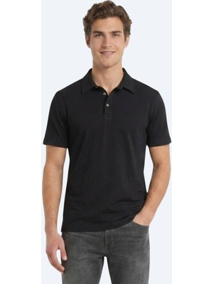 Kip Siyah Düz Pamuk Karışımlı T-Shirt