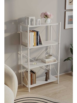 Woodensa Dört Katli Çok Amaçli Rafli Kitaplik (Beyaz Profil Beyaz Sunta) 60X24X115 cm MTL021