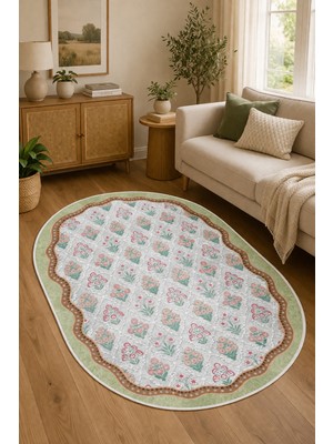 Pelura Halı Floral Desen Çerçeveli Oval Baskılı Kaymaz Yıkanabilir Salon Oturma Odası Mutfak Antre Halısı