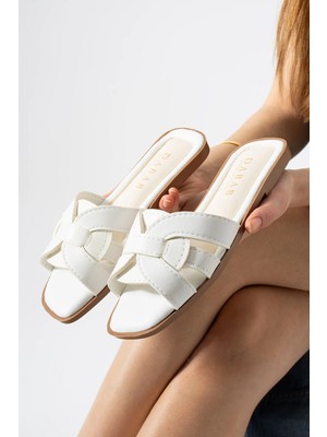 Dabab Shoes Lında Kadın Beyaz Kare Burun Örgü Bantlı Düz Taban Günlük Terlik