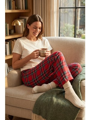 Mataş Kadın Ekose Desenli Pijama Altı Lastikli Bel Ev Giyim Pantolonu