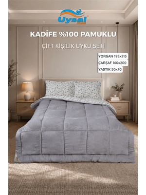 Uysal Kadife Uyku Seti %100 Pamuklu Gri Çift