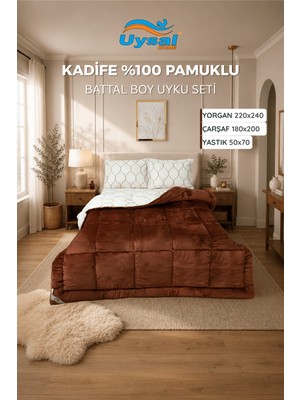 Uysal Kadife Uyku Seti %100 Pamuklu Kahverengi Battal