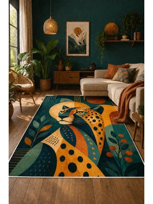 Pelura Halı Modern Renkli Leopar Desen Baskılı Yıkanabilir Kaymaz Salon Oturma Odası Hol Antre Halısı Yolluk
