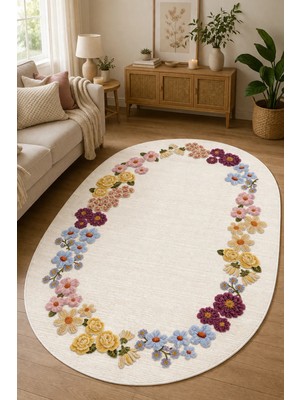 Pelura Halı Floral Çerçeve Desen Baskılı Oval Kaymaz Yıkanabilir Salon Oturma Odası Mutfak Balkon Halısı