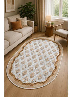 Pelura Halı Floral Desen Çerçeveli Oval Baskılı Kaymaz Yıkanabilir Salon Oturma Odası Mutfak Antre Halısı